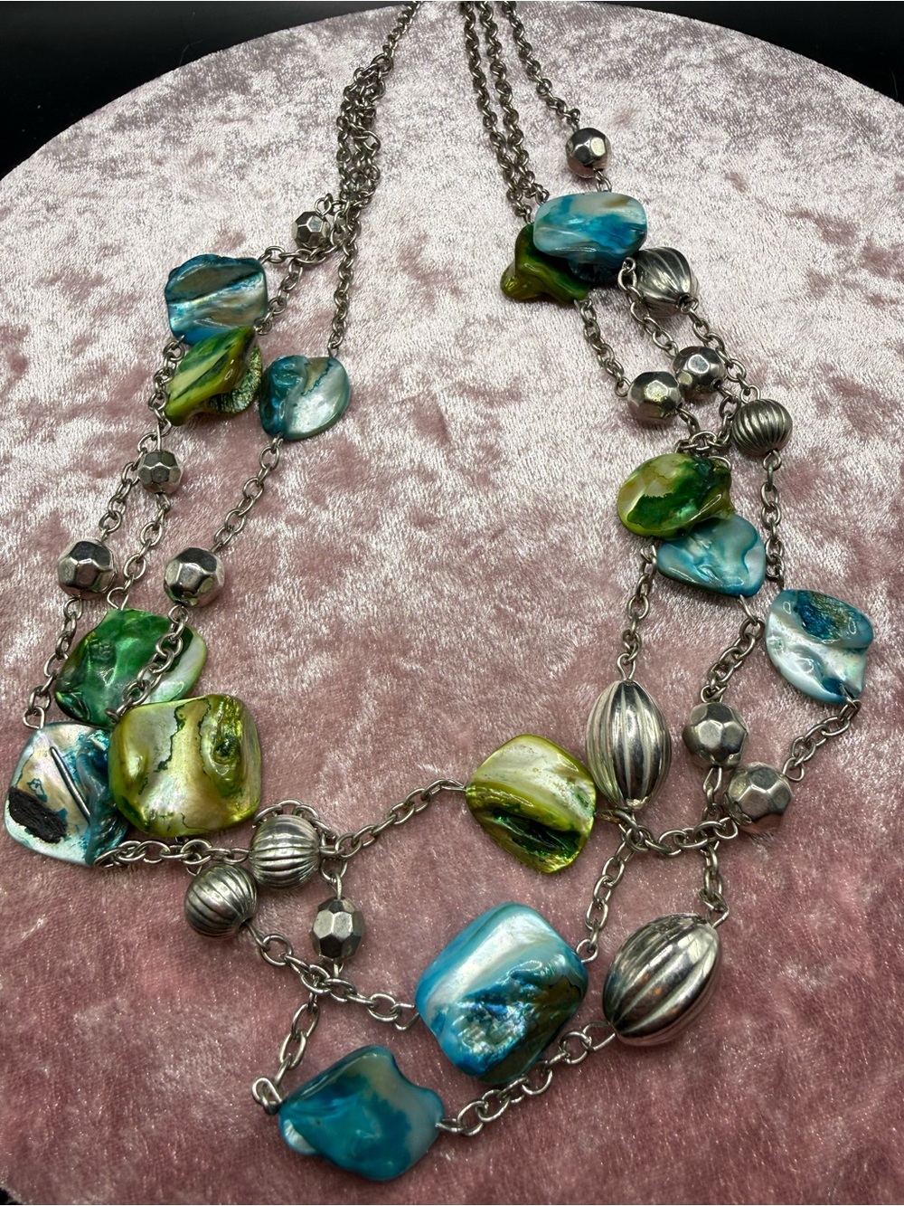 Blue Green Mother of Pearl Shell Multi Strand Necklace